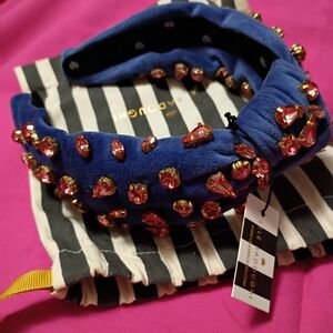 Blue Velvet Headband with Pink Gemstones